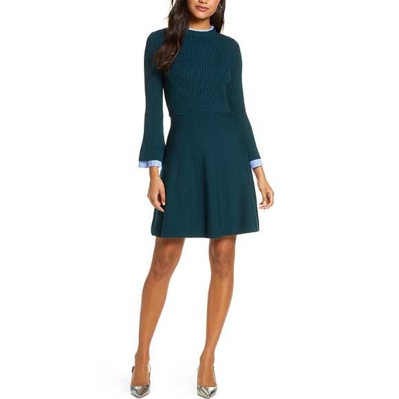 1901 Dresses & Skirts - 1901 Long Sleeve Fit & Flare Green Sweater Dress M